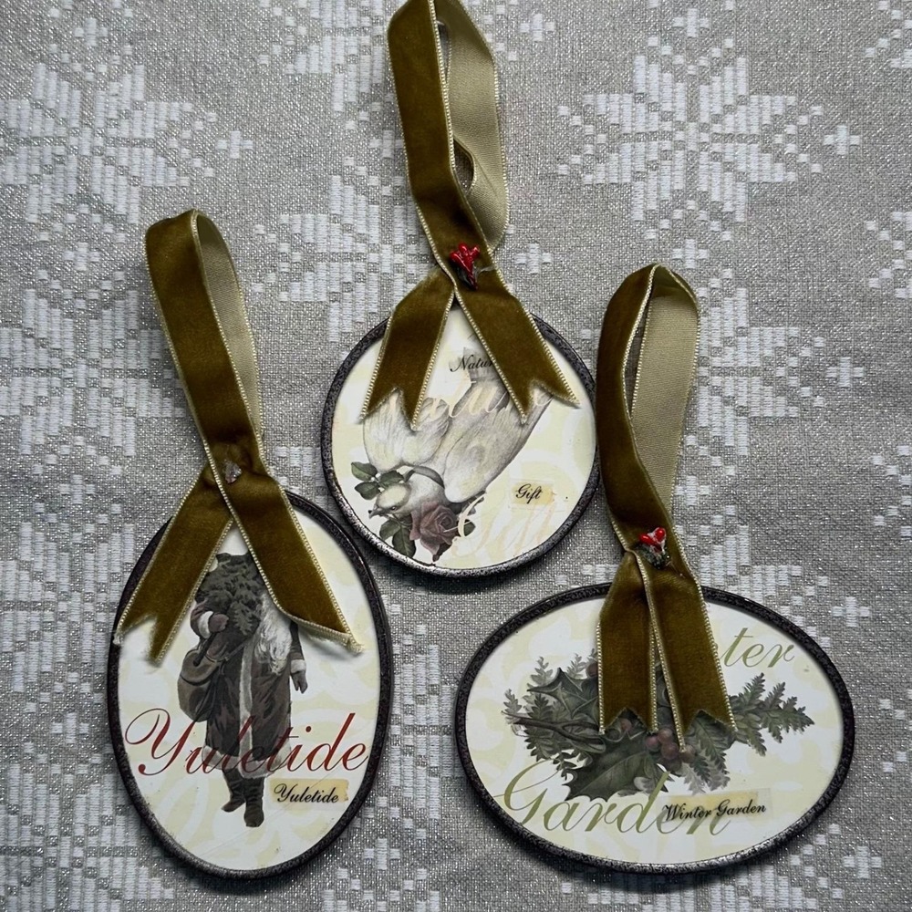 3 Vintage 90s Christmas Ornaments Yuletide Winter Garden Dove Gift Metal Framed